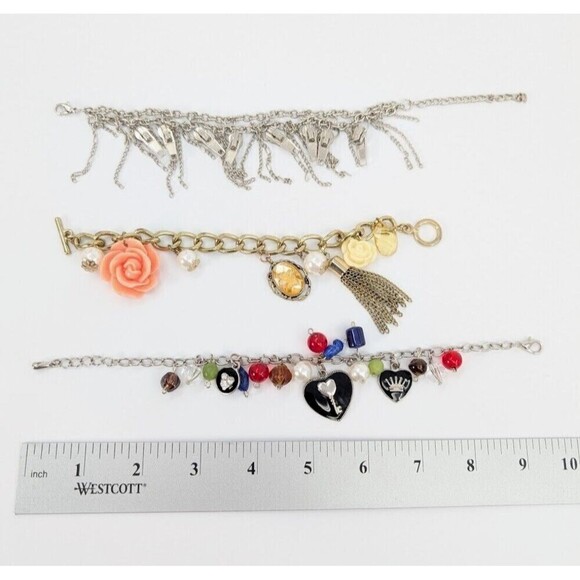 Set of 3 Charm Bracelet Zip Motif Heart Faux Pearl Flower Beads Retro Y2K Whimsy - Picture 10 of 12